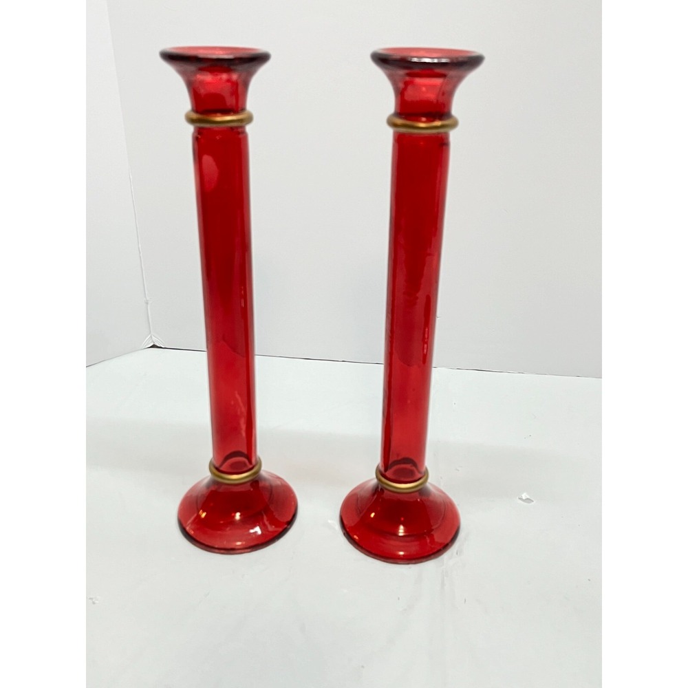Vintage Indiana Glass Ruby‎ Red Candle Holders 11" Lot of two